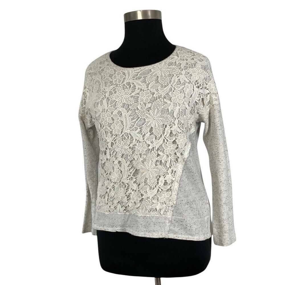 Democracy L Ivory Lace Sweatshirt Boho Athleisure Deconstructed Top Office Artsy